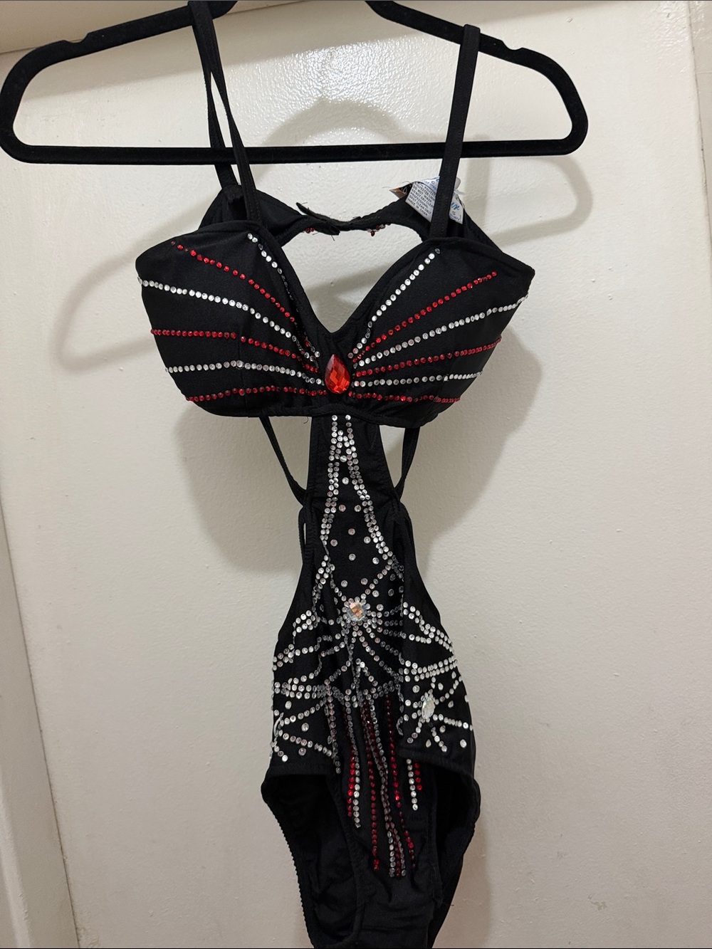 Black Kids One-Piece Bodysuit with Red and Silver Rhinestones